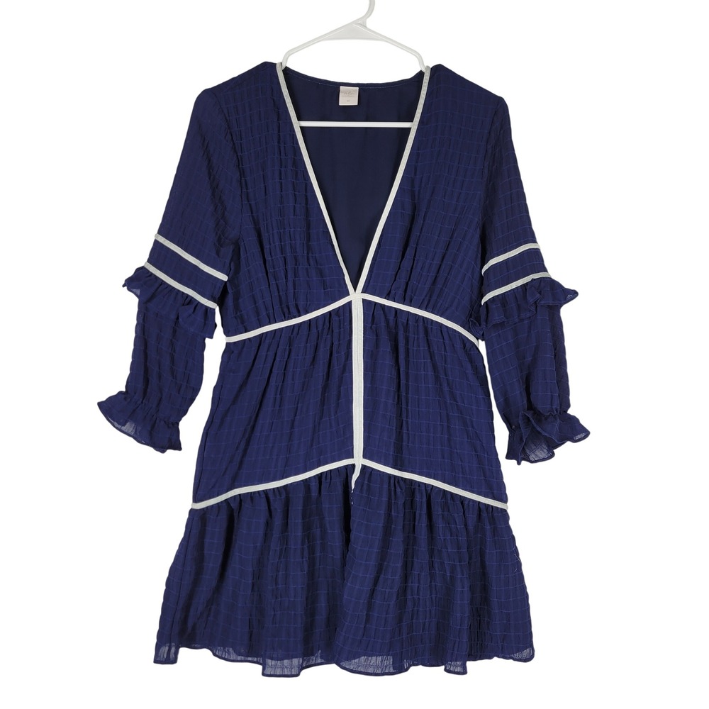 Ale by Alessandra X Revolve  Navy Blue Textured V-Neck Ruffle Mini Dress XS‎